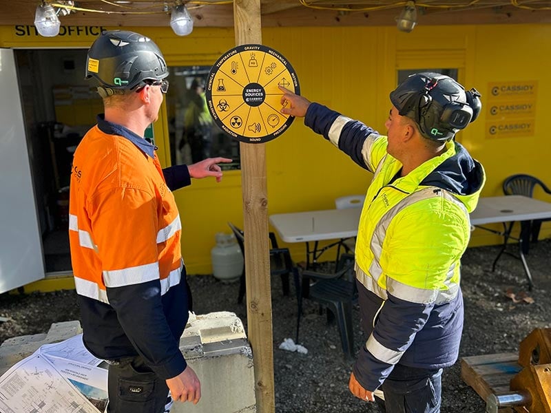 team discussing high energy hazards on the energy wheel