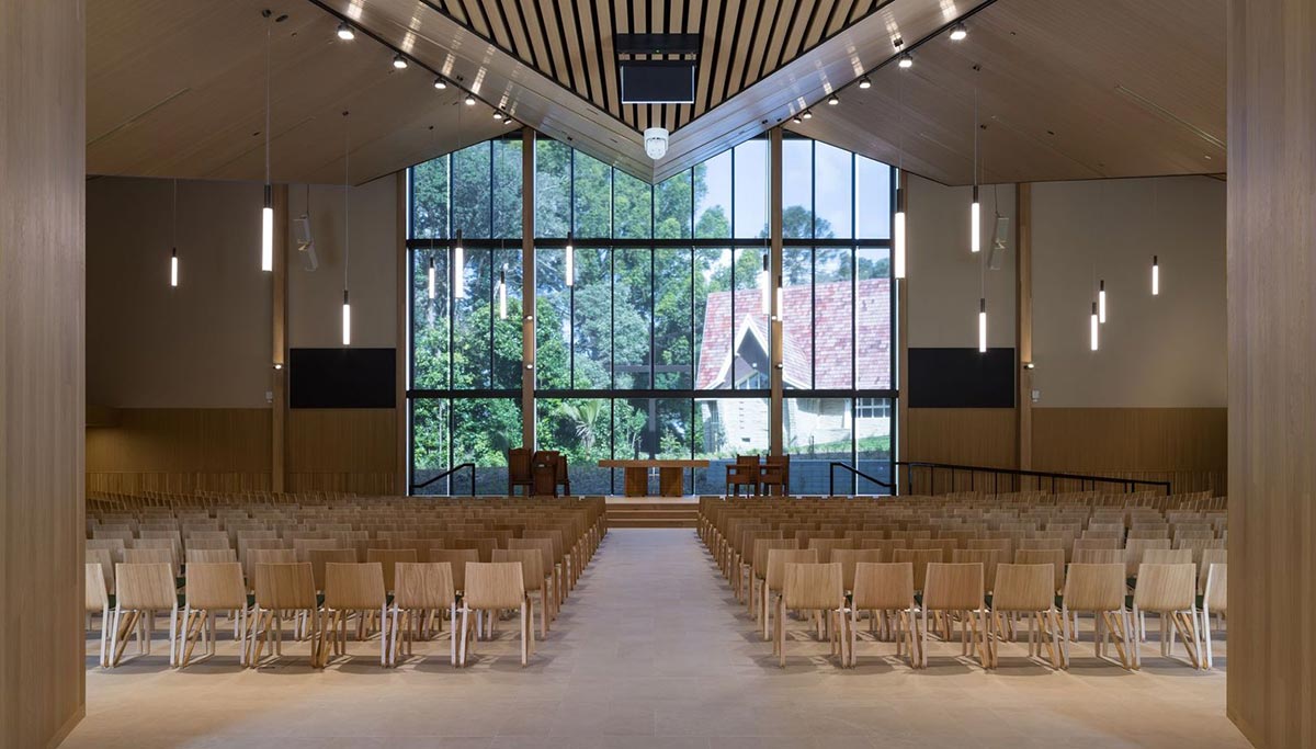St Patrick's gathering space view of interior looking towards large feature window