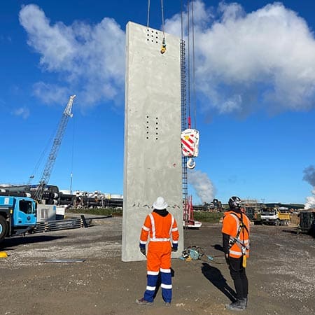 Precast concrete panel being lifted by crane at Te Mihi