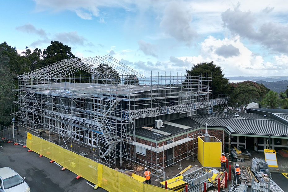 exterior view of scaffolding around titrangi war memorial hall