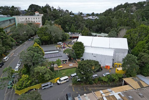 aerial view of titrangi war memorial hall in. shrink wrap