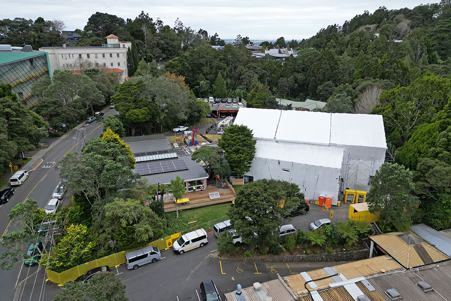 aerial view of titrangi war memorial hall in. shrink wrap