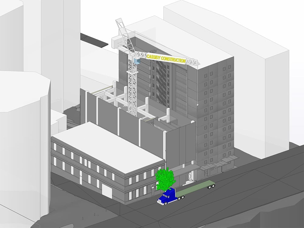 Cassidy Construction BIM drawing site tower crane and truck